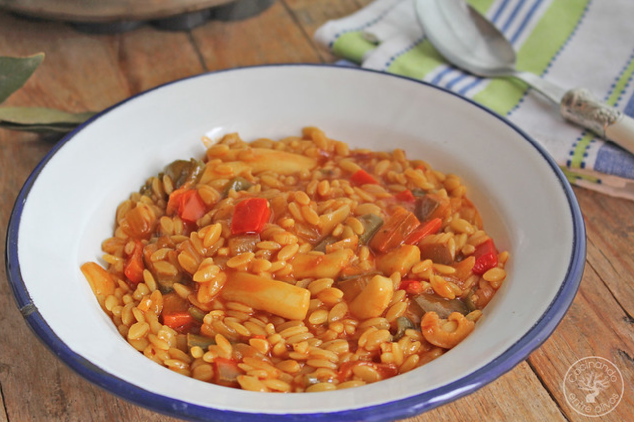 Parrillada de verduras con gurullos con jibia